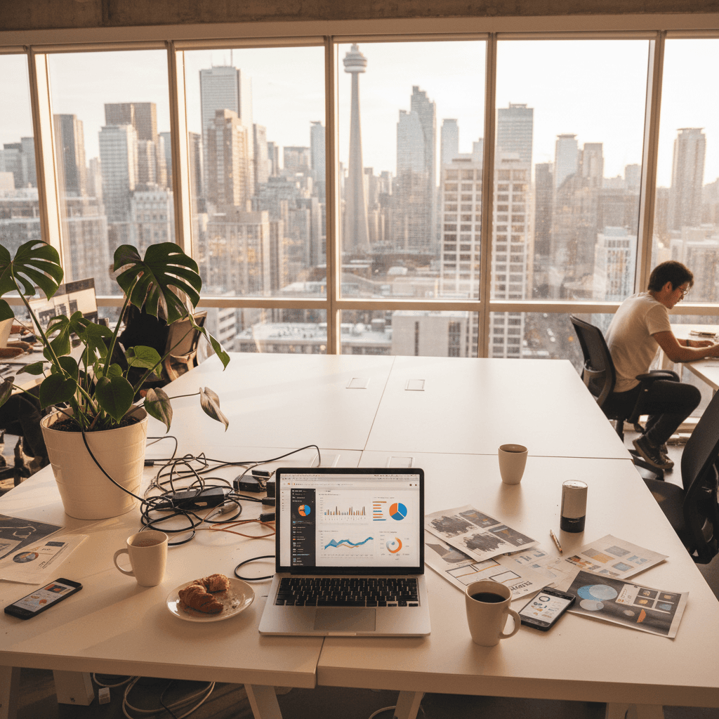 Laptop showing analytics dashboard in a modern Toronto office