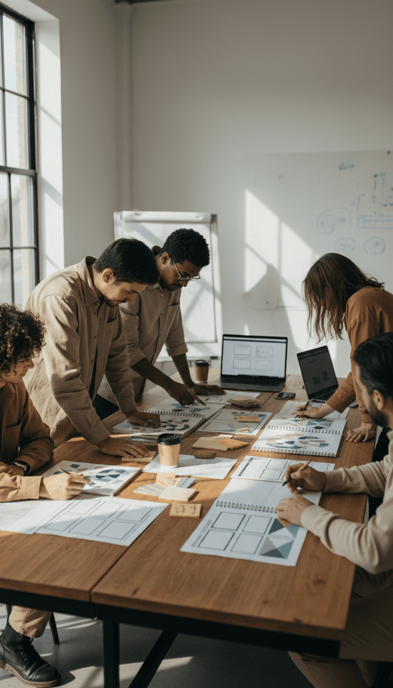 Creative team reviewing branding materials in a bright studio
