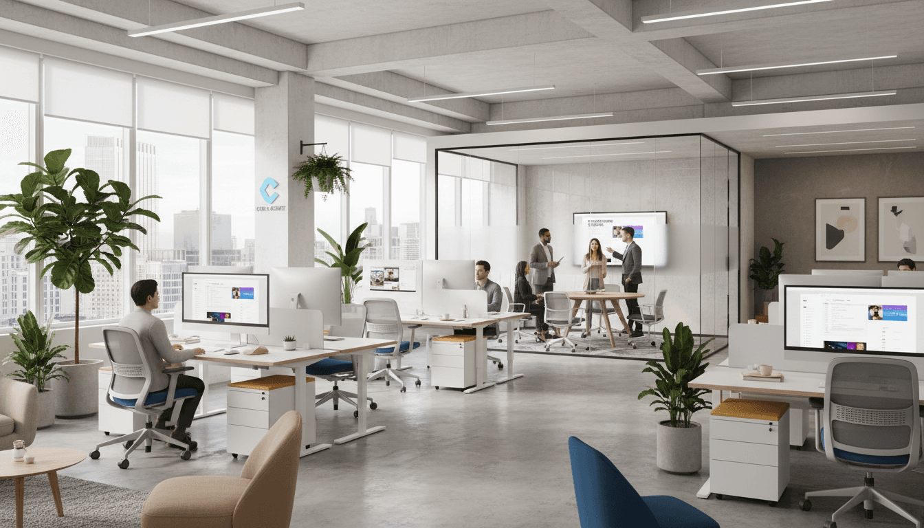 Designer's desk with dual monitors showing website design and analytics