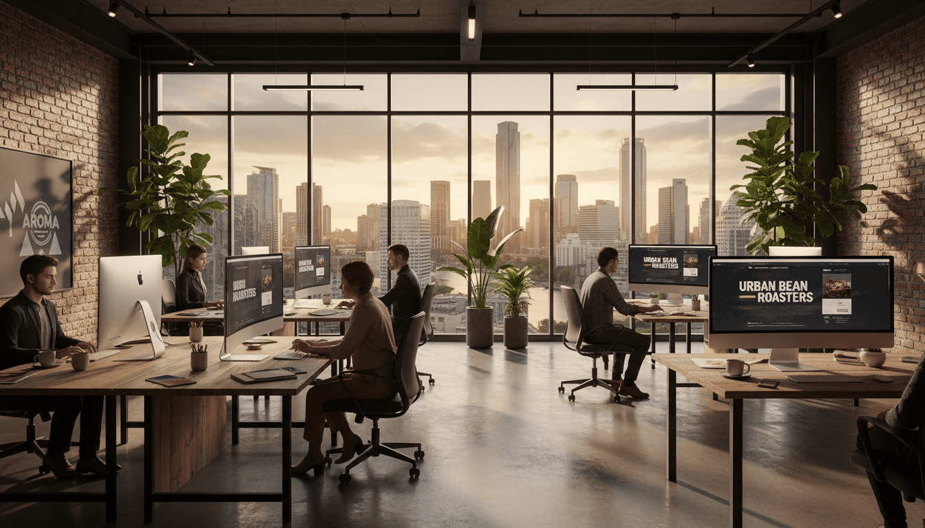 Designers collaborating on a website layout in a bright studio