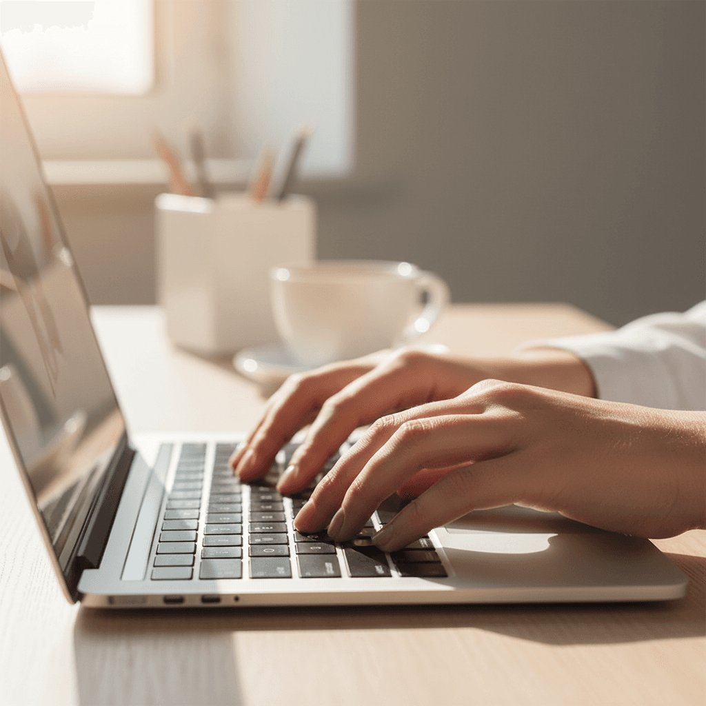 Hands typing on a keyboard in a bright office space