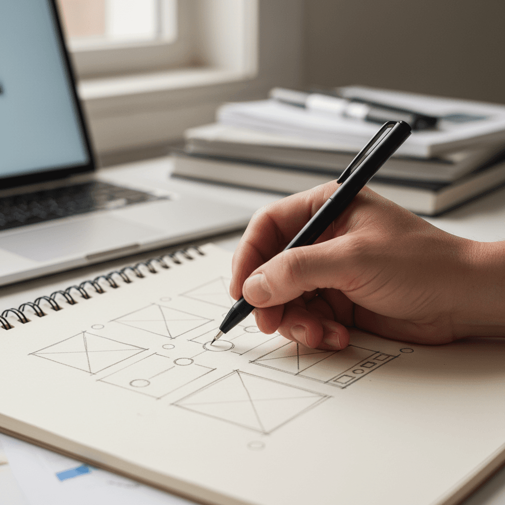 Hands sketching wireframes and brand concepts on paper